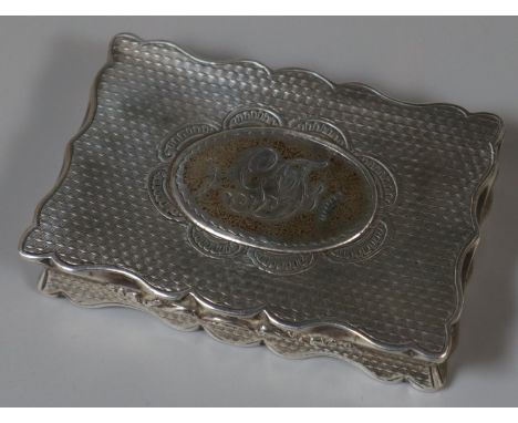 Mid Victorian silver snuff box by Yapp & Woodward Birmingham 1843, of rectangular form with engine turned decoration and engr