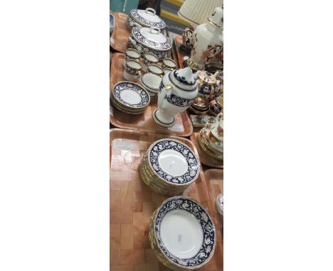 Seven trays of Crown Staffordshire English fine bone china with blue and gilt bird and flowers design dinner, tea and coffeew