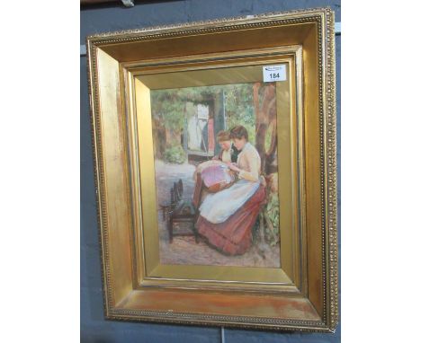 F White RE (British 19th Century), portrait of two women at their needlework in a garden, signed and dated 1890, watercolours