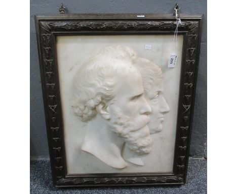 19th Century white marble relief portrait panel depicting a man and a woman, within a heavy oxidised metal bell flower design