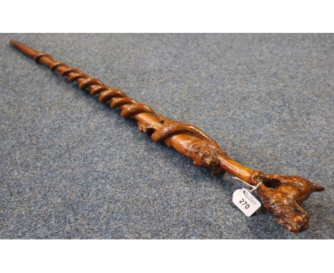 Carved wooden walking stick with terminal in the form of a goat, the stem with entwined snake and stalking tiger. (B.P. 21% +