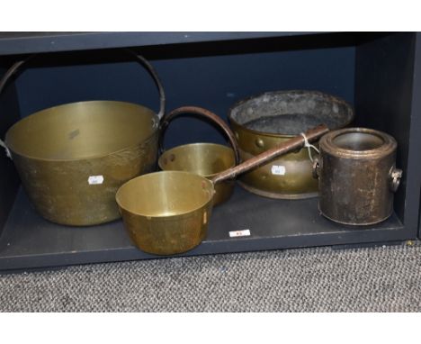 Three vintage brass pans, including jam pan, a planter and a champagne cooler.