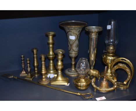 An assortment of brass, including vintage oil lamps, including nursery lamp, candlesticks and silver plated vase etc.