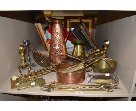 A mixed lot of brass and copper, including copper planter, brass letter box, companion set etc.