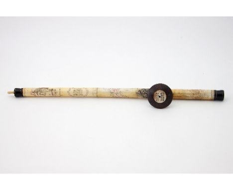 A Chinese opium pipe, the bone stem decorated a scholar, precious objects and script, 50.5cm long