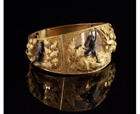 An Australian 18ct gold panel bracelet, Christian Ludwig Qwist, Sydney circa 1863-65, the central panel with oxidised silver 