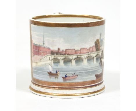 A Grainger Worcester mug painted with a view of the Severn at Worcester on a green ground, 8cm high and a Spode cabinet cup a