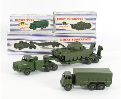 Dinky Supertoys, two boxed, No 660 Tank Transporter, No 651 Centurion Tank and Dinky Toys, one boxed and No 622 10 Ton Army T