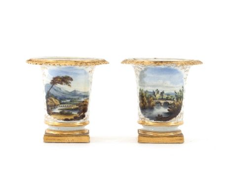 A pair of Flight Barr & Barr Worcester miniature spill vases with gadrooned rim and square base, painted with named views of 