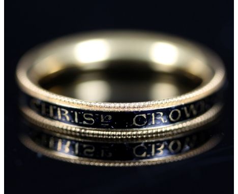 A George III gold and black enamel mourning ring, the black enamel band named for 'Chris'r Crowe Esq Ob 29 Sep 1776 Ae 62' 
 