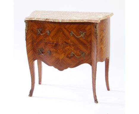 A Louis XVI style commode, the serpentine marble top above two inlaid drawers, 80.5cm wide Condition Report: Condition good a