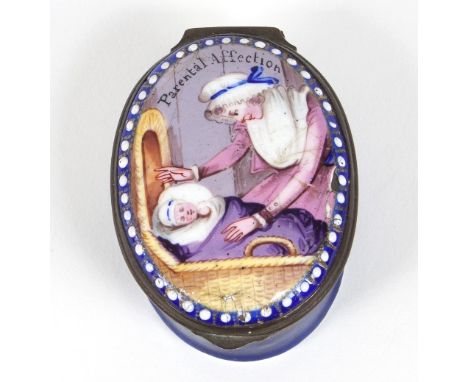 A Bilston enamel patch box, circa 1800, oval, the cover with scene of mother and baby inscribed 'Parental Affection', enclosi