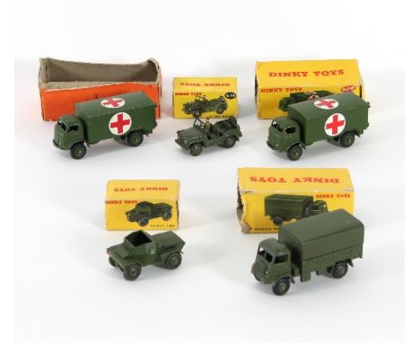 Dinky Toys, five boxed, No 673, Scout Car, No 674 Austen Champ, No 626 Military Ambulance (2) and No 632 Army Covered Wagon