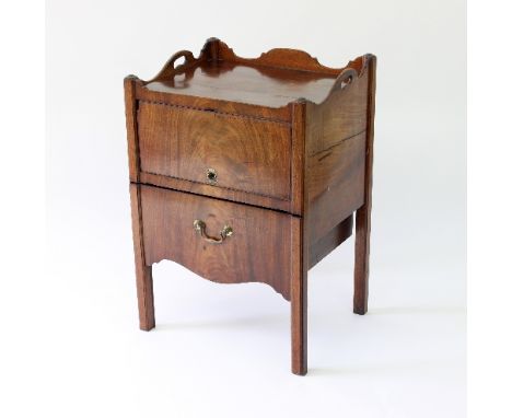 A George III mahogany tray top commode, 54.5cm wide Condition Report: Top split with stains and scratches, badly warped. Both