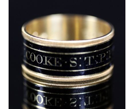 A George IV 18ct gold and black enamel mourning ring, maker's mark J G, the outer enamel band named for 'J Cooke S T P Praes 