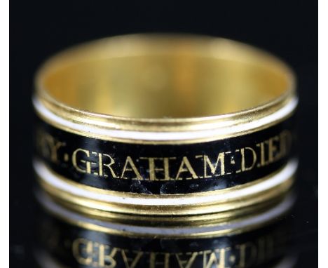 A George III gold and enamel mourning ring, maker's mark M G, the black enamel band named for 'Mary Graham Died 6 May 1798 Ag