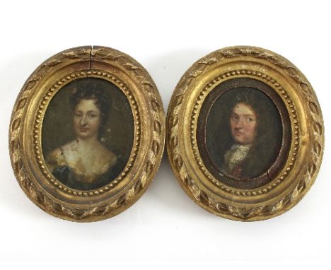 Late 17th Century School/Portrait of a Lady/wearing a blue dress with lace edging/oval oil on copper, 9.5cm x 8cm and/Portrai
