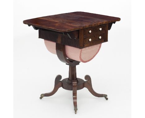 A Regency rosewood work table with two flaps and two drawers, wool basket beneath, on a central column and four outsplayed le