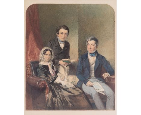 Edmund Havell Jnr. (British 1819-1894)/Family Portrait/with mother and father seated, their son standing between with a book/