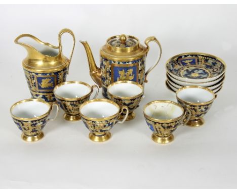 A Paris porcelain part coffee service, circa 1810, comprising a coffee pot, cream jug, six cups and five saucers Condition Re