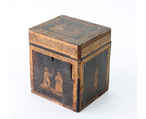 A 19th Century inlaid tea caddy, the cover and sides decorated Tyrolean figures, 11.5cm wide