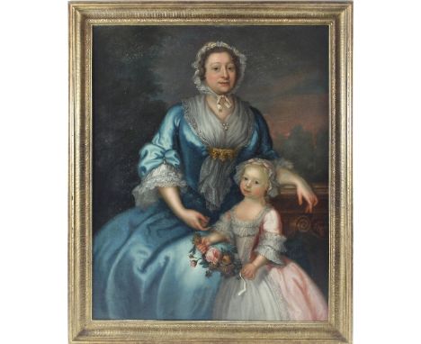 18th Century English School/Portrait of a Mother and Child/the mother with a lace bonnet and lace shawl, her daughter to her 