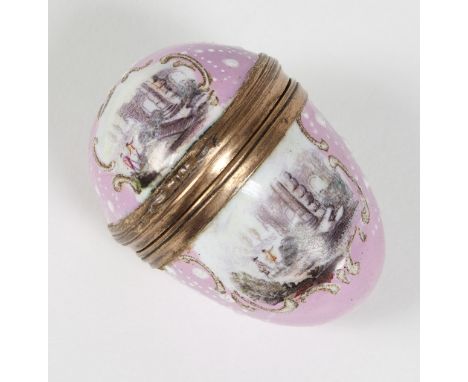 A Bilston enamel egg-shaped bonbonnière, circa 1780, decorated reserves of landscapes and hunting scenes on a pink ground, 4c