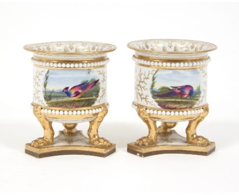 A pair of Flight Barr & Barr cylindrical vases on tripod lion paw feet and triform base, each painted a panel with exotic bir
