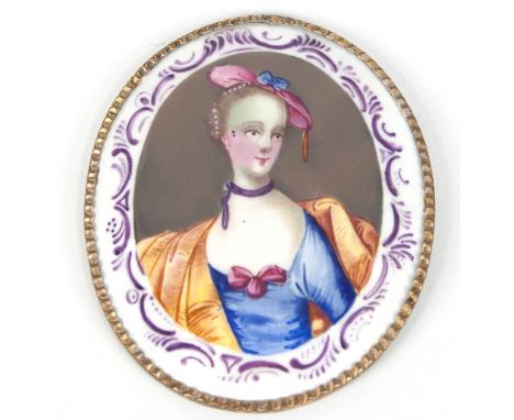 A Bilston enamel portrait plaque depicting Lady Harding, circa 1765, oval with purple scroll border, 8.5cm x 7cm/see illustra