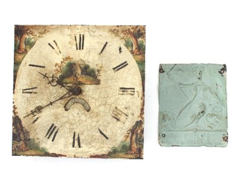 A 19th Century painted longcase clock face with date aperture, painted a cottage and hanging game, 30cm x 30cm, with movement