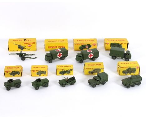 Dinky Toys, nine boxed, No 623 Army Covered Wagon, No 626 Military Ambulance (2), No 641 Army 1 Ton Cargo Truck, No 673 Scout