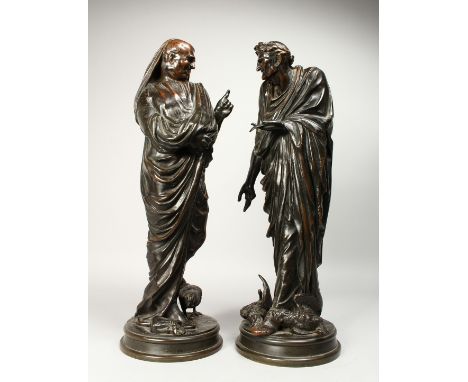 A SUPERB PAIR OF 19TH CENTURY BRONZE CLASSICAL FIGURES of a man and a woman, chickens and dead game at their feet, on circula