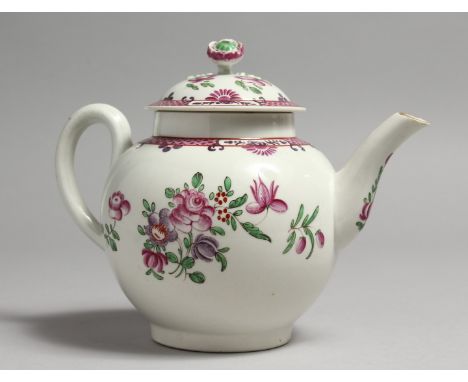 A GOOD 18TH CENTURY WORCESTER TEAPOT AND COVER painted in Chinese export style with flowers and pink scale.