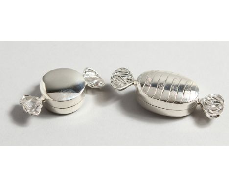 TWO SILVER NOVELTY SWEETIE PIE BOXES.
