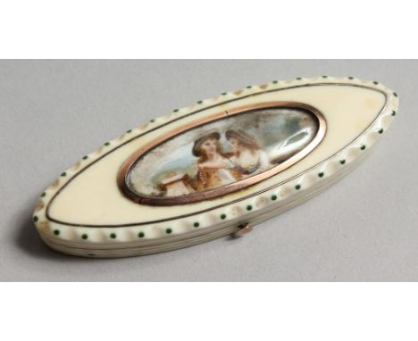 A GEORGIAN IVORY SHAPED PATCH BOX, the top with a portrait. 3ins x 1ins.