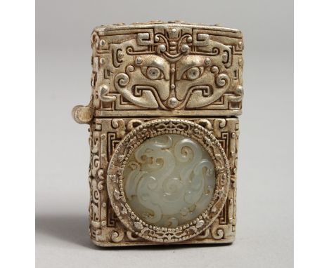 A CHINESE GILT METAL AND JADE LIGHTER.