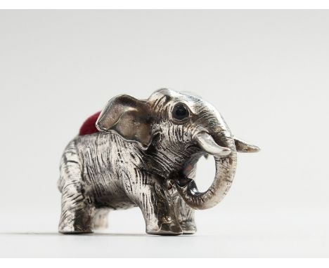 TWO SILVER ELEPHANT PINCUSHIONS.