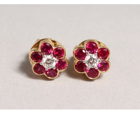 A GOOD PAIR OF 18CT YELLOW GOLD, RUBY AND DIAMOND CLUSTER EARRINGS.