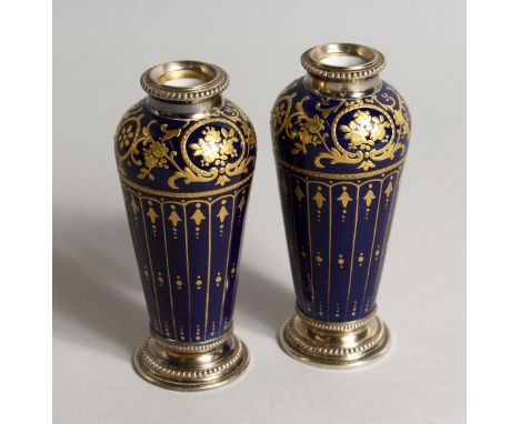 A SUPERB SMALL PAIR OF LIMOGES GILT DECORATED AND SILVER VASES.