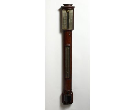 A GOOD VICTORIAN BOW FRONTED STICK BAROMETER by PEGLER BLANDFORD with two silvered dials. 38ins high, 3.25ins wide.