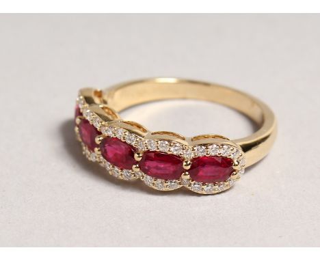 A VERY GOOD 18CT YELLOW GOLD, RUBY AND DIAMOND HALF HOOP RING.