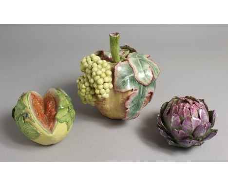 LADY ANNE GORDON PORCELAIN FRUIT, three pieces, globe artichoke, 4ins diameter, large pumpkin hung with grapes, 7ins high and