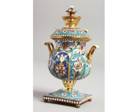 A GOOD SMALL RUSSIAN SILVER AND CLOISONNE ENAMEL SAMOVAR with two handles, top, square base on four bun feet. 4ins high.