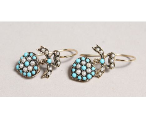 A PAIR OF 9CT GOLD, TURQUOISE AND PEARL HEART SHAPED DROP EARRINGS.
