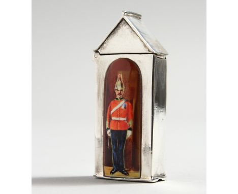 A SILVER SENTRY BOX VESTA with enamel of a cavalier.