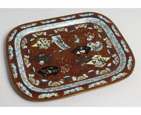 A GOOD JAPANESE CLOISONNE ENAMEL TEA TRAY on four small feet. 7.5ins x 6ins.