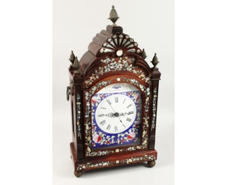 A RARE 19TH CENTURY CHINESE EXPORT BRACKET CLOCK, with blue enamel dial, verge movement and sweep hands, the case with mother