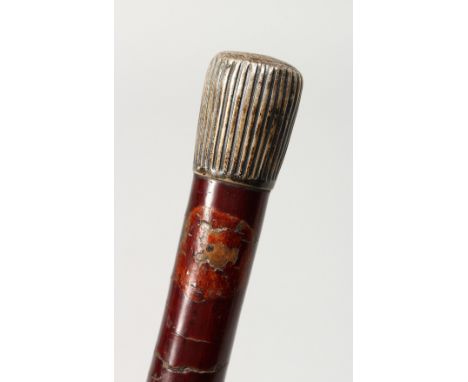 A VICTORIAN CANE with leather and silver top. 34ins long.