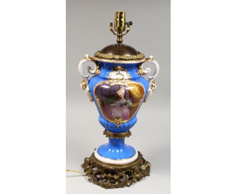 A PARIS PORCELAIN TWO-HANDLED VASE converted to a lamp, on ormolu base. 16ins high.