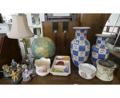 Two large blue decorative vases, a globe, table lamp, biscuit barbells, small ornaments etc 